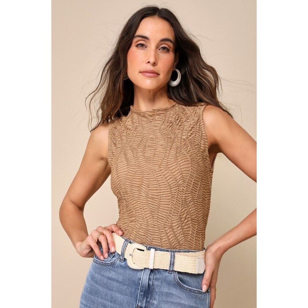 Lulus My Rules Light Brown Textured Mesh Mock Neck Tank Top - XL
